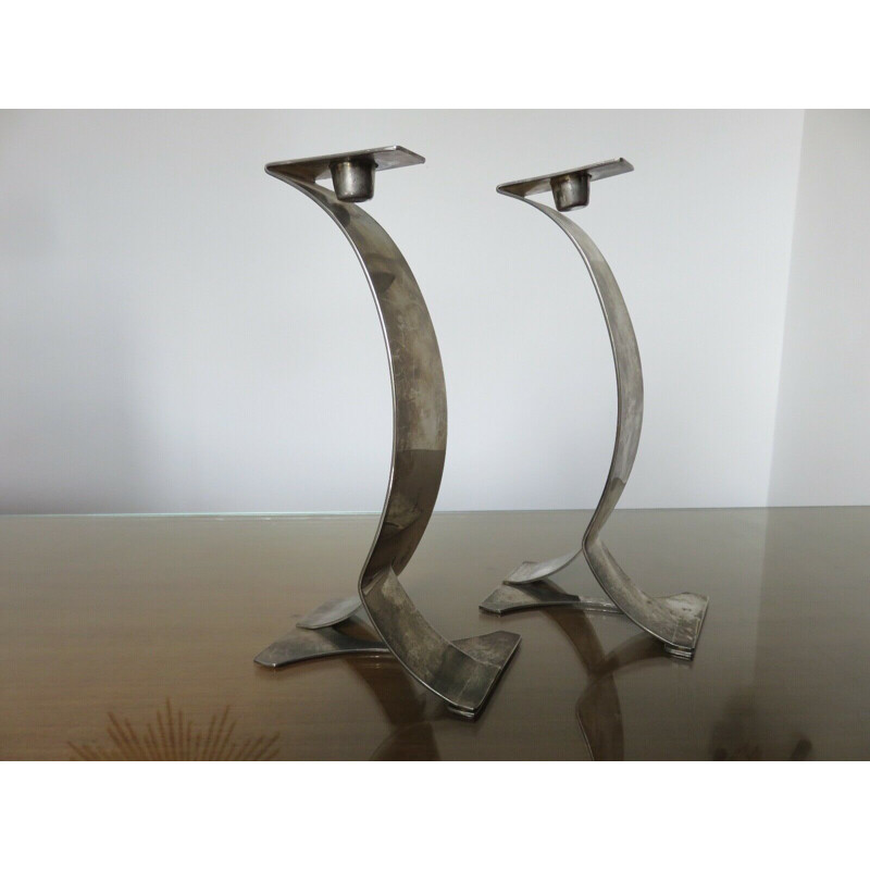 Pair of vintage Scandinavian silver plated metal candleholders 1980