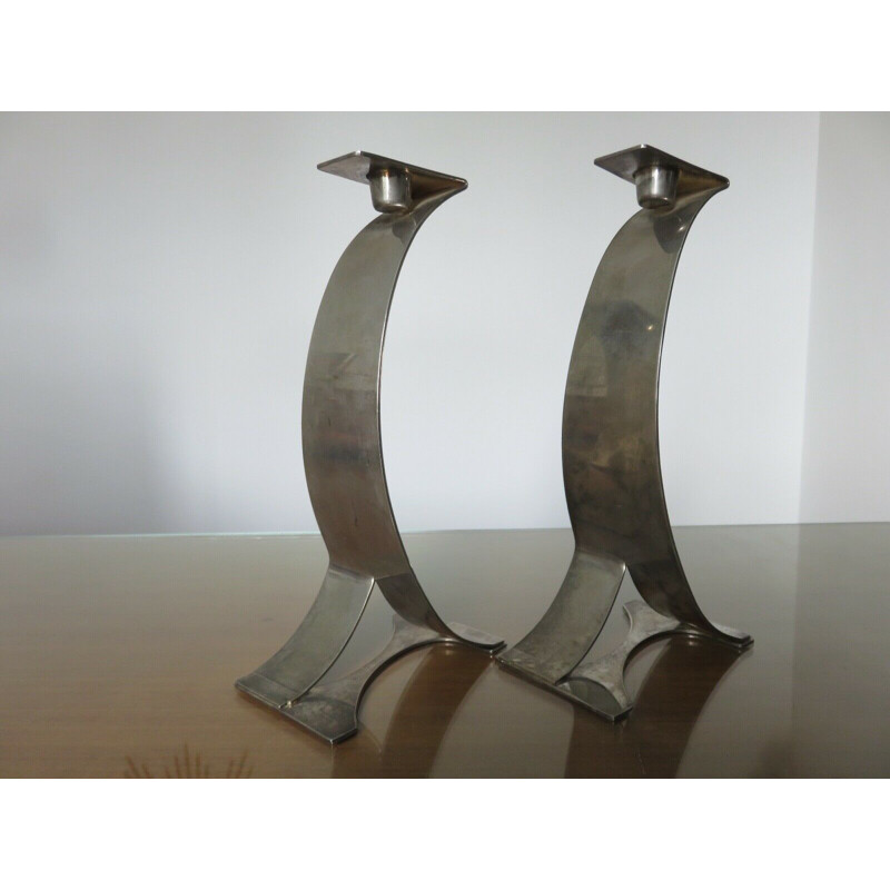 Pair of vintage Scandinavian silver plated metal candleholders 1980