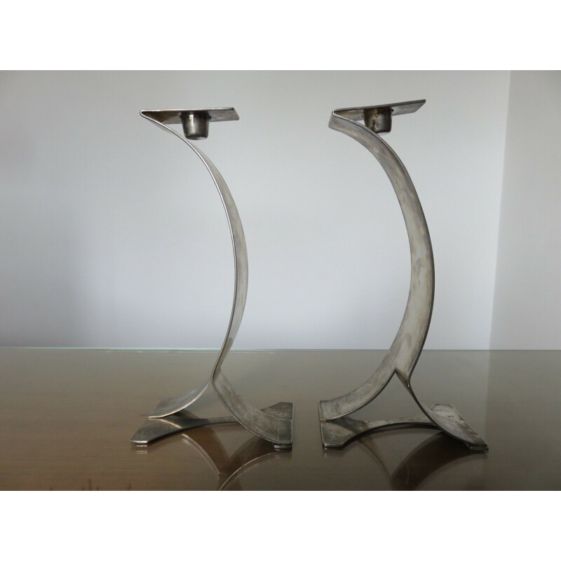 Pair of vintage Scandinavian silver plated metal candleholders 1980