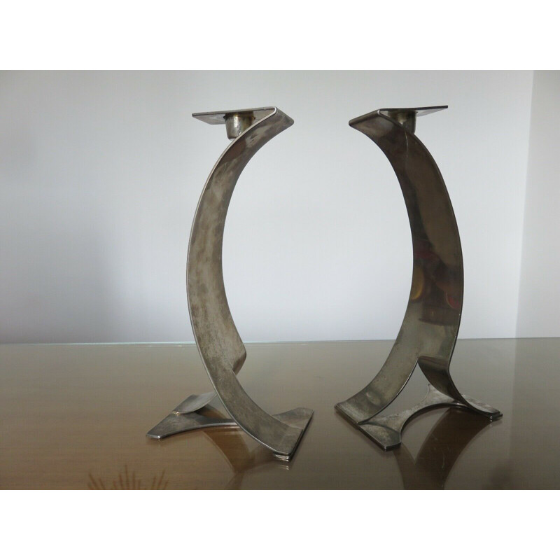 Pair of vintage Scandinavian silver plated metal candleholders 1980