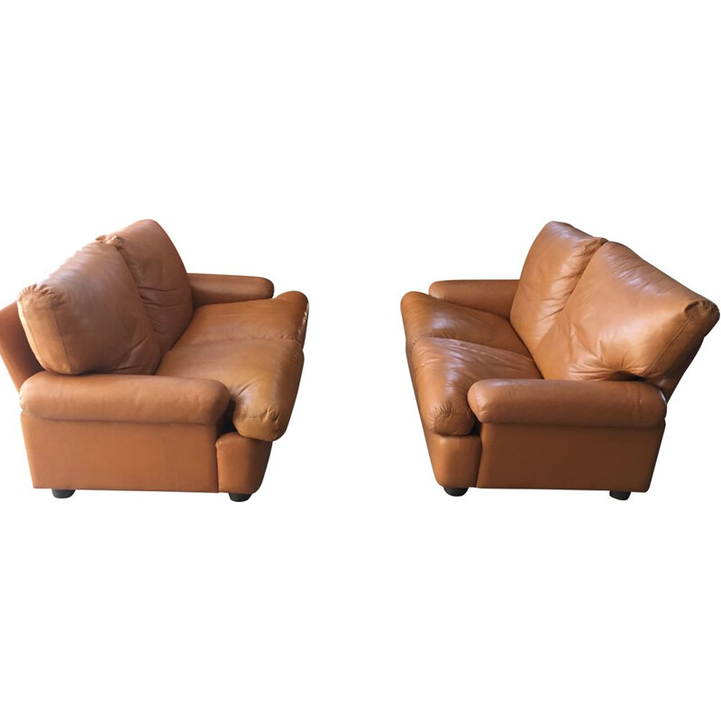 Pair of fawn leather sofas 2 seater Italian Brunati 1980s