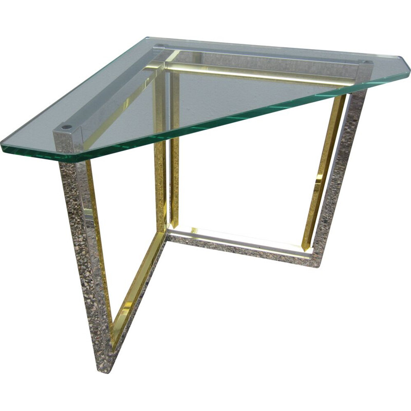 Vintage corner table in chrome and brass with glass top Romeo Rega 1970