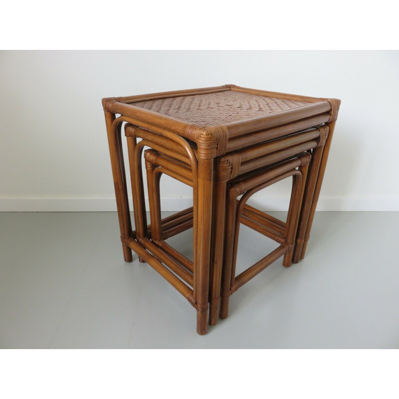 Vintage rattan bamboo nesting tables 1970