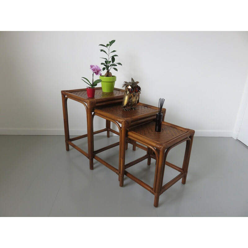 Vintage rattan bamboo nesting tables 1970
