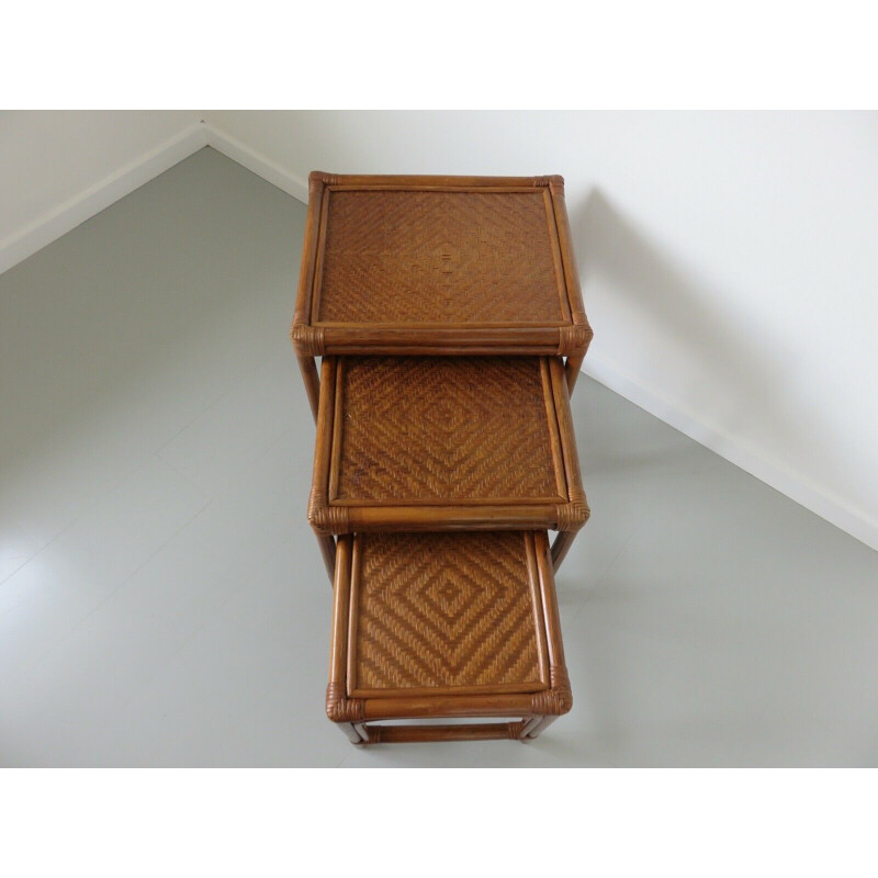 Vintage rattan bamboo nesting tables 1970