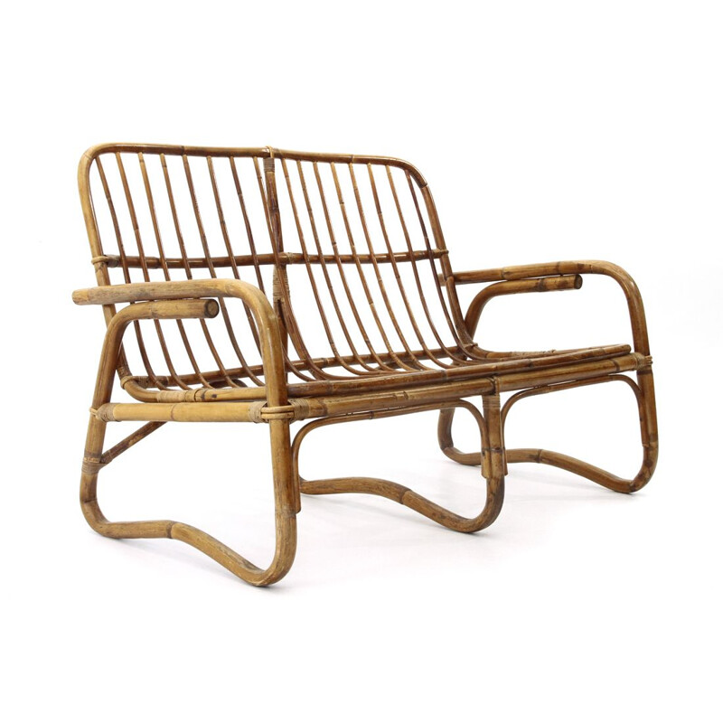 Divano vintage a 2 posti in rattan 1960