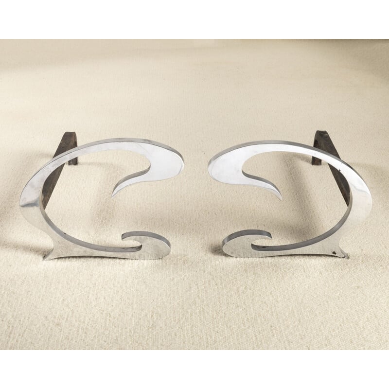 Pair of Polished Steel Vintage Chenets 1970