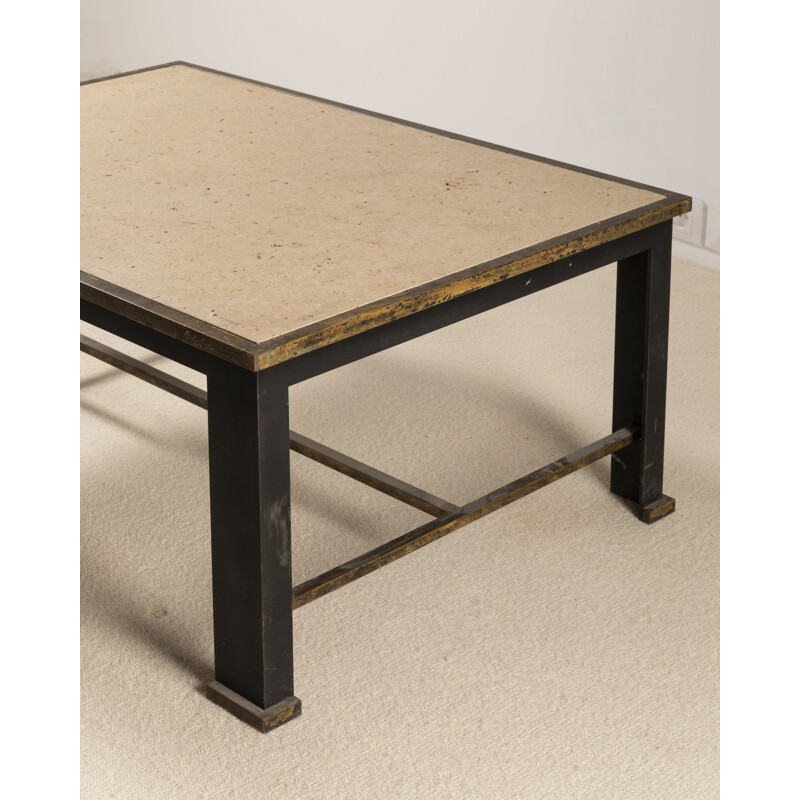 Vintage coffee table in patinated steel and travertine 1950