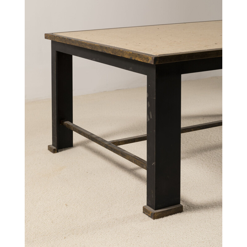 Vintage coffee table in patinated steel and travertine 1950