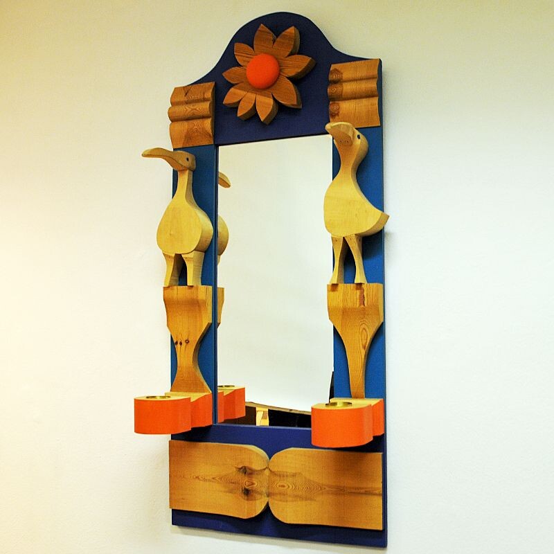 Vintage Pine Wallmirror with decorations by Erik Höglund - Sweden 1960s