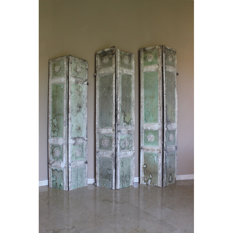 Set of 3 Vintage boiserie in butter white-aqua green lacquered wood with friezes in Rosettes 1900s