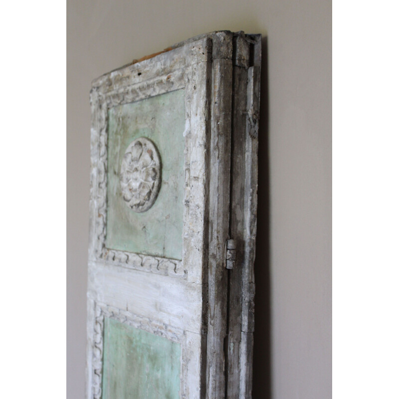 Set of 3 Vintage boiserie in butter white-aqua green lacquered wood with friezes in Rosettes 1900s