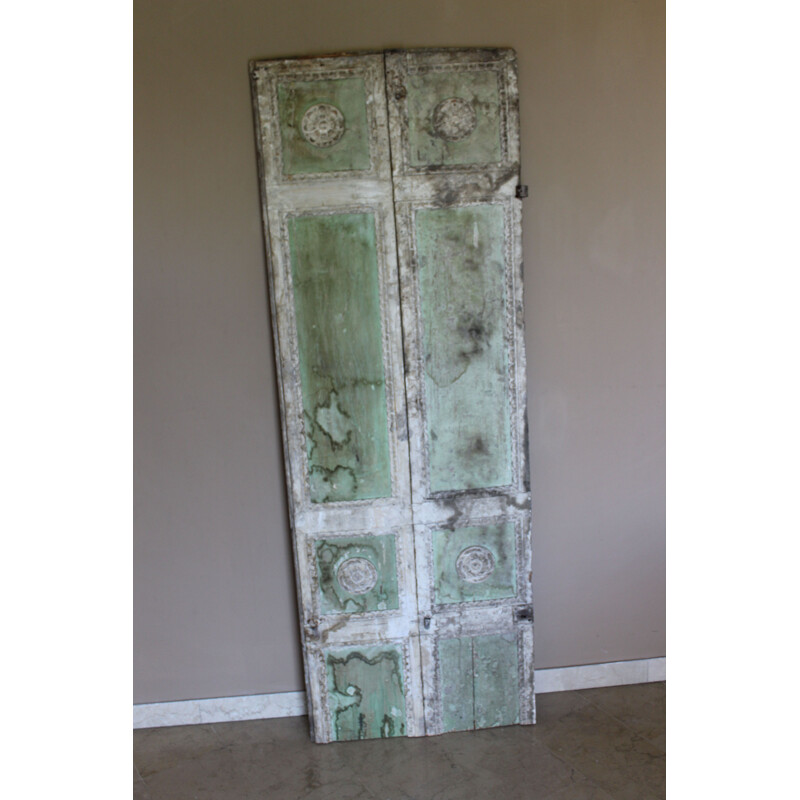 Set of 3 Vintage boiserie in butter white-aqua green lacquered wood with friezes in Rosettes 1900s