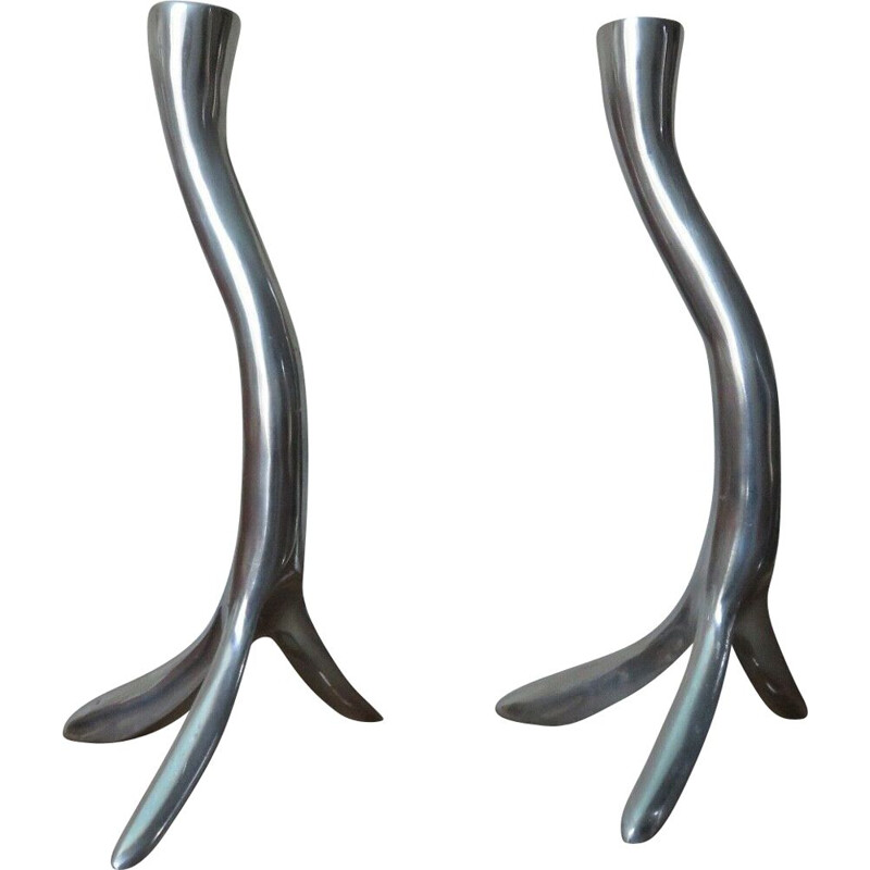 Pair of Scandinavian vintage zoomorphic candleholders in solid aluminium 1970