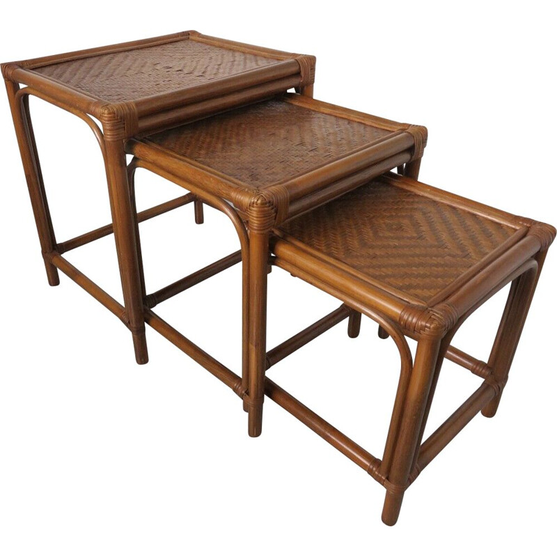 Vintage rattan bamboo nesting tables 1970