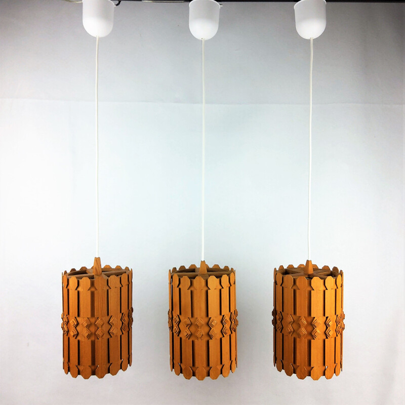 Set of 3 Vintage Scandinavian pine pendant lamps 1960