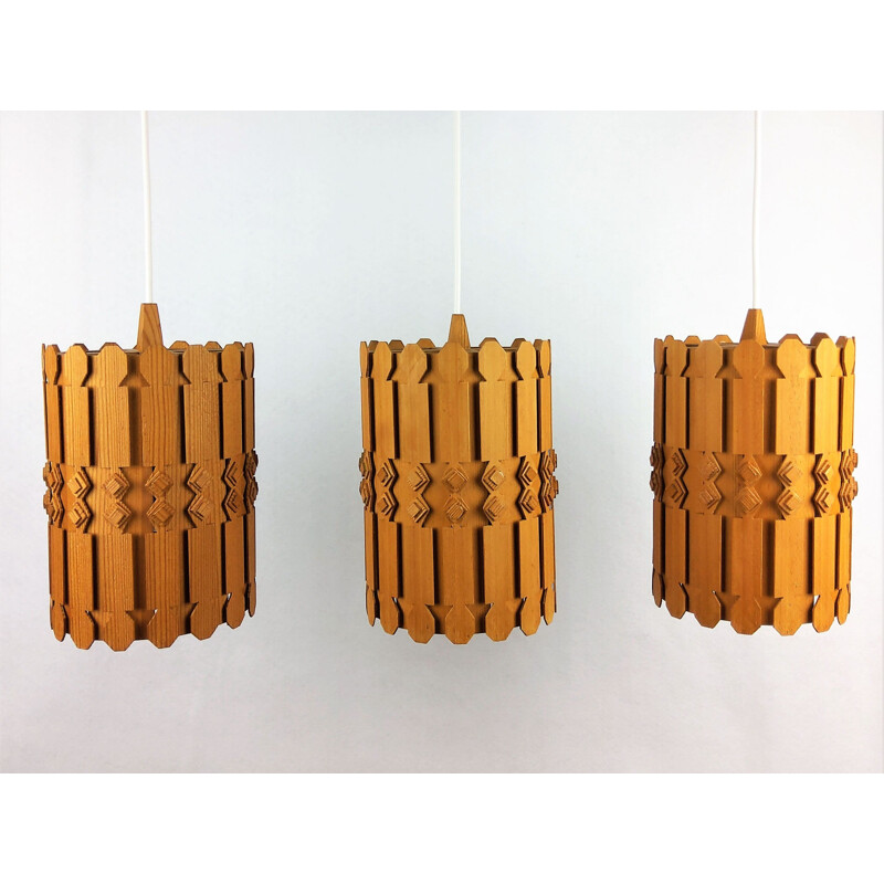 Set of 3 Vintage Scandinavian pine pendant lamps 1960