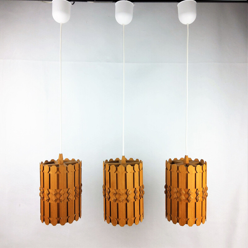 Set of 3 Vintage Scandinavian pine pendant lamps 1960