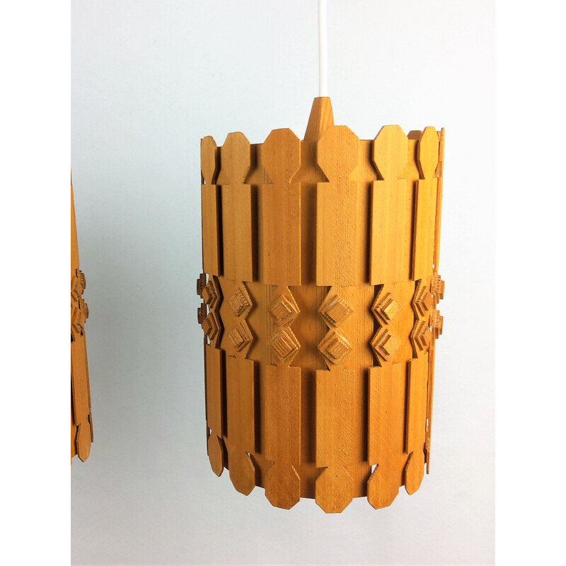 Set of 3 Vintage Scandinavian pine pendant lamps 1960