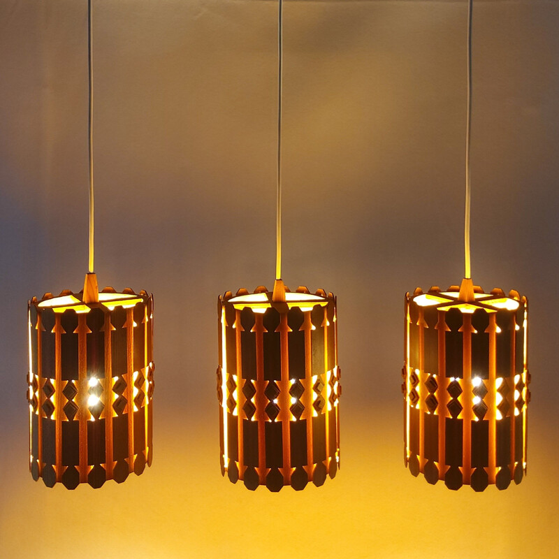 Set of 3 Vintage Scandinavian pine pendant lamps 1960
