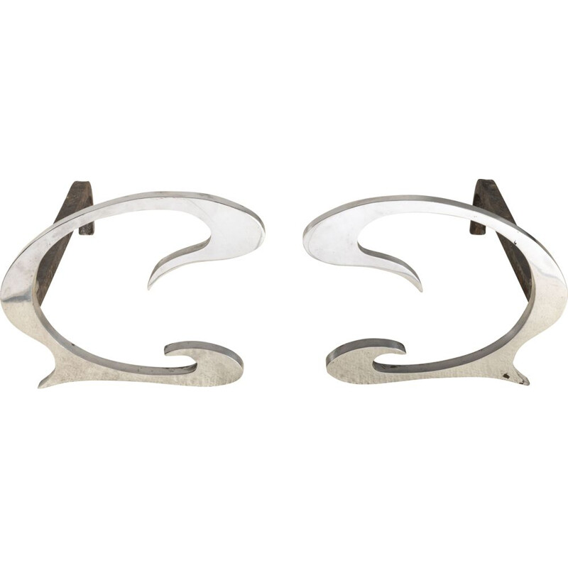 Pair of Polished Steel Vintage Chenets 1970