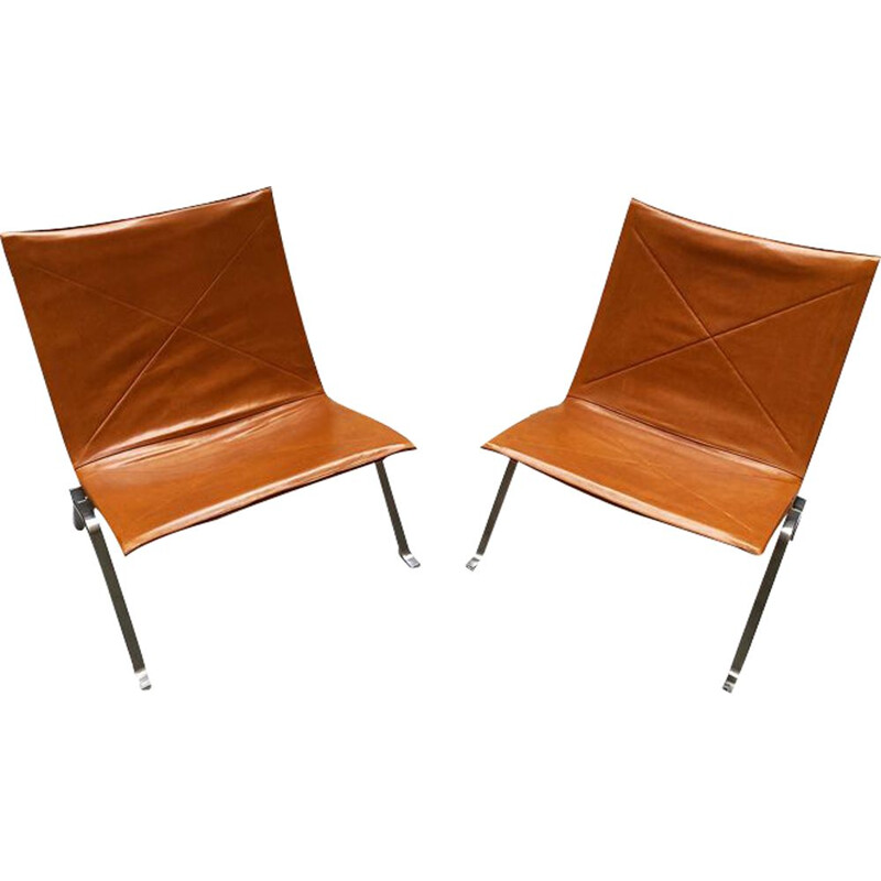Pair of vintage leather low armchairs PK 22 Danish