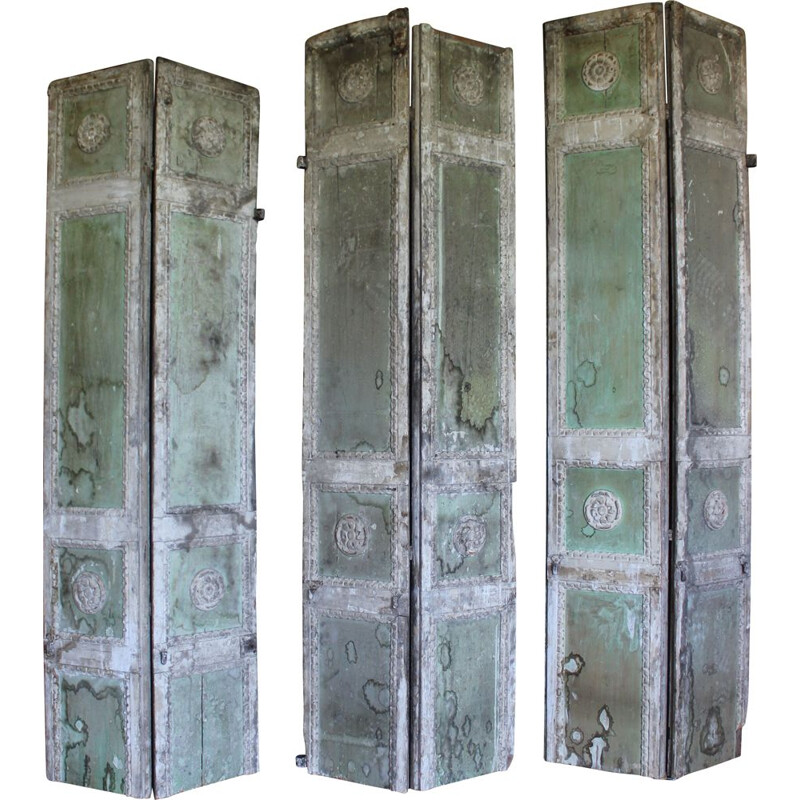 Set of 3 Vintage boiserie in butter white-aqua green lacquered wood with friezes in Rosettes 1900s