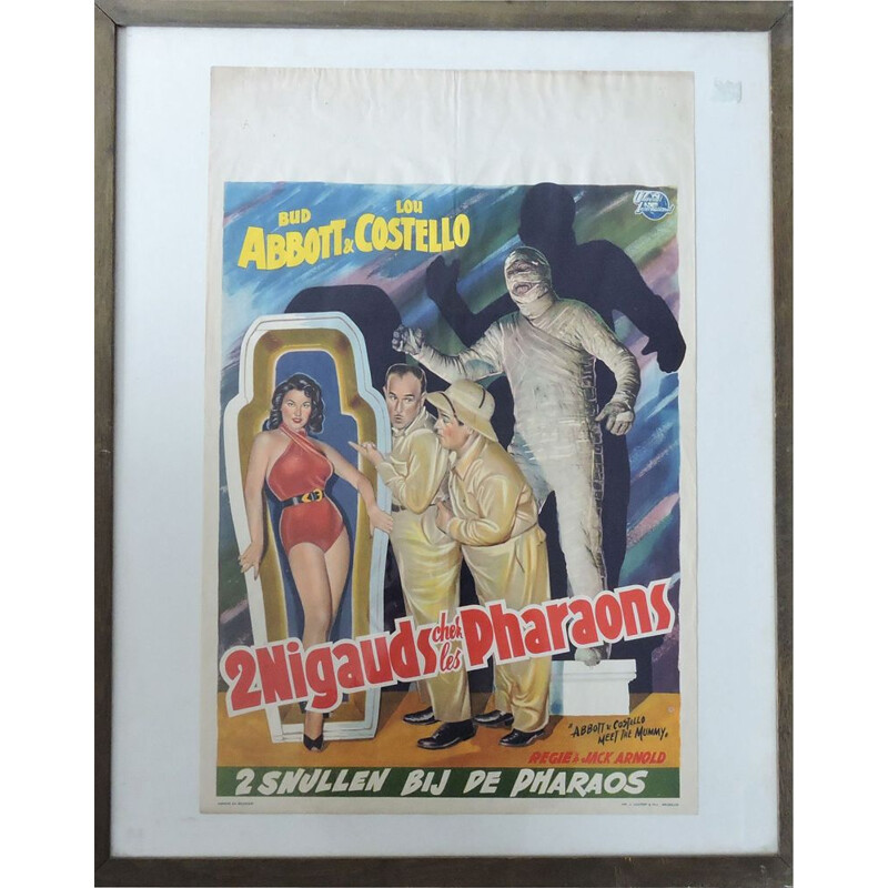 Affiche de film encadrée vintage 2 nigauds parmi les pharaons d' Abbot et Costello, Belgique 1955