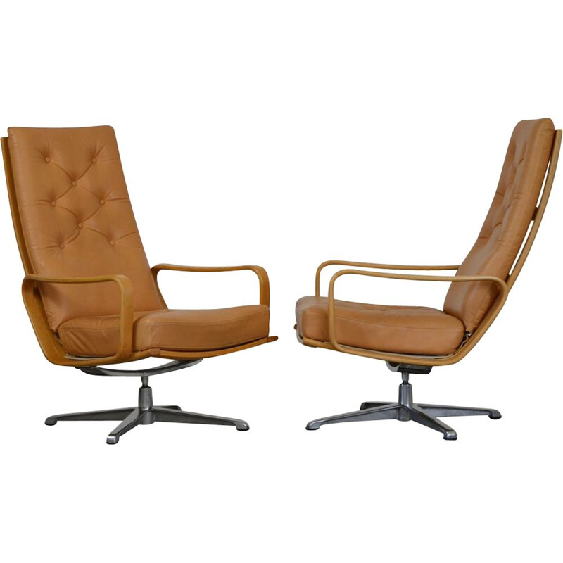 Pair Of vintage Swiveling Leather Armchairs By Alf Svensson And Yngvar Sandström 1960s