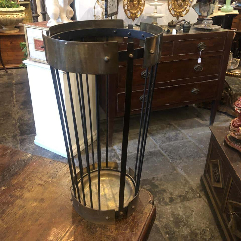 Vintage Modern Solid Brass and Black Metal Italian Umbrella Stand circa 1950