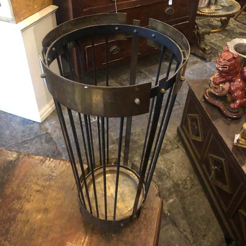 Vintage Modern Solid Brass and Black Metal Italian Umbrella Stand circa 1950