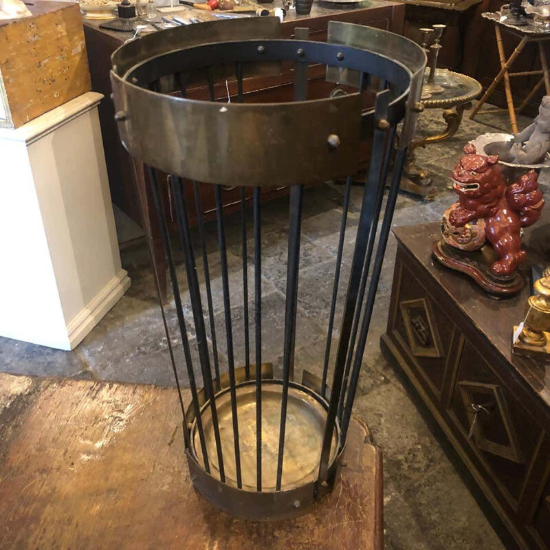 Vintage Modern Solid Brass and Black Metal Italian Umbrella Stand circa 1950