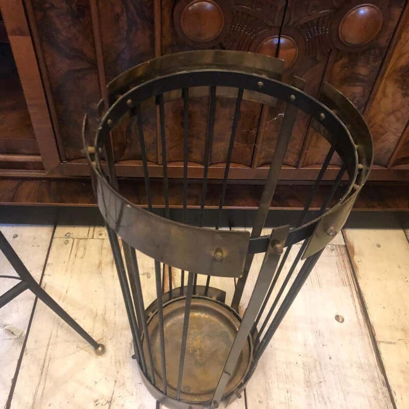 Vintage Modern Solid Brass and Black Metal Italian Umbrella Stand circa 1950