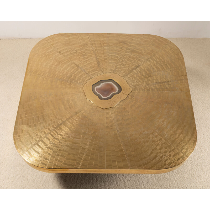 Vintage coffee table Paco Rabanne carved brass and agate 1970s