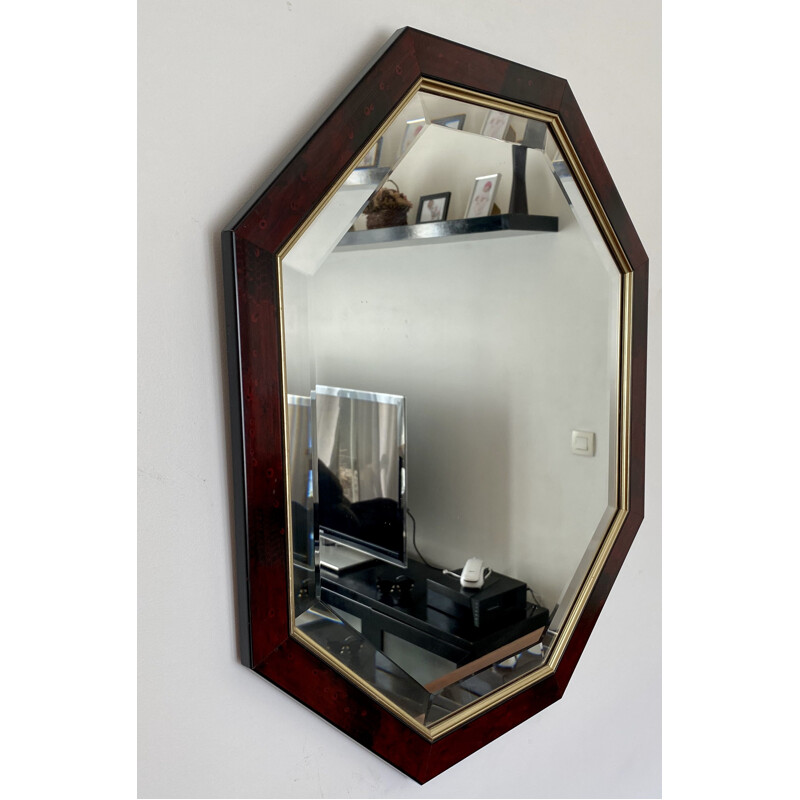Miroir vintage octogonal en loupe d'orme 1970
