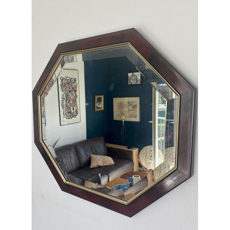 Miroir vintage octogonal en loupe d'orme 1970