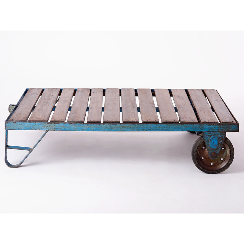 Vintage blue metal and wood coffee table, Czechoslovakia 1950