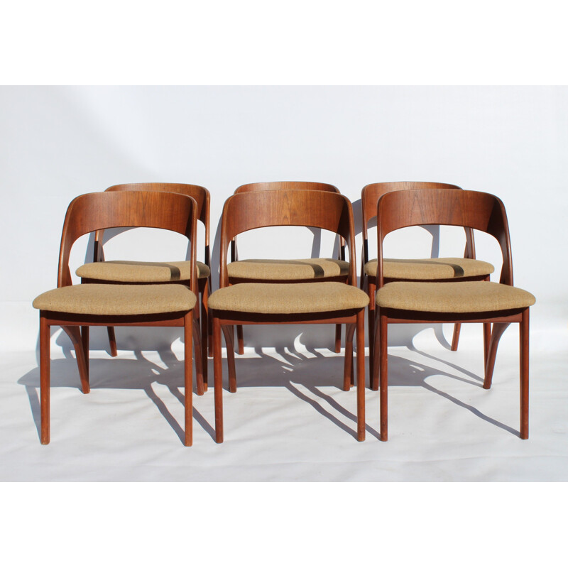 Lot de 6 chaises de salle à manger vintage en teck et tissu léger danoises 1960