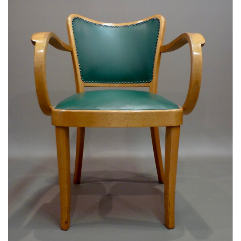 Fauteuil Thonet en cuir vert et hêtre - 1950