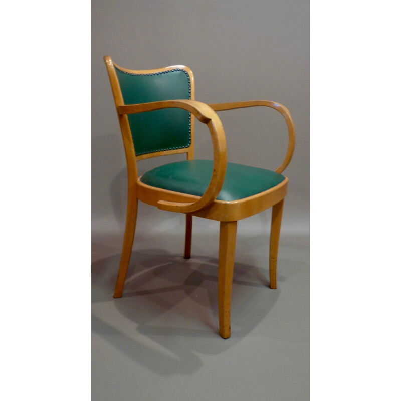 Thonet armchair in green leather and beechwood - 1950s