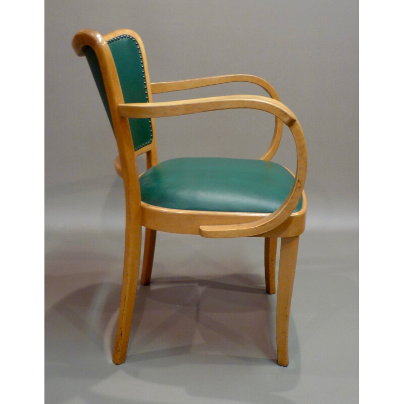 Thonet armchair in green leather and beechwood - 1950s