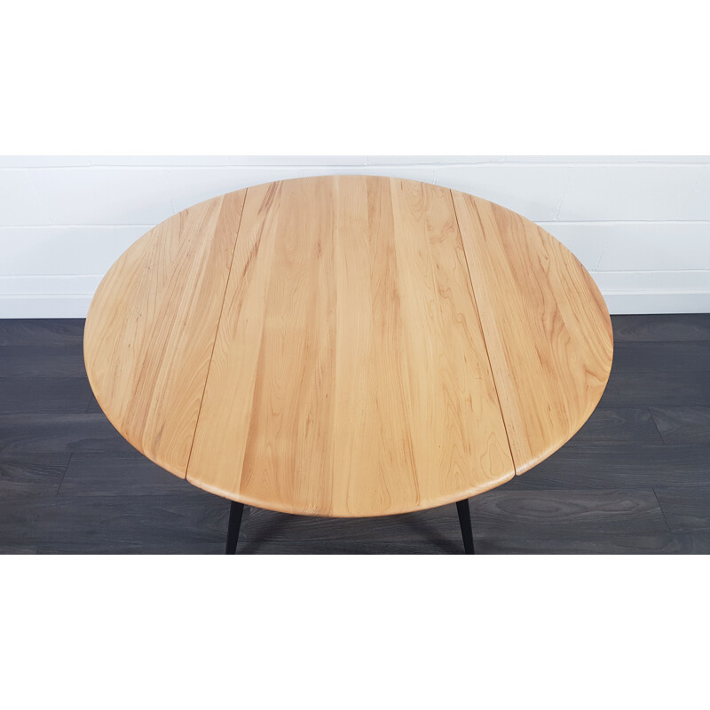 Ercol Round Drop Leaf Dining Table - Black Leg, 1960s