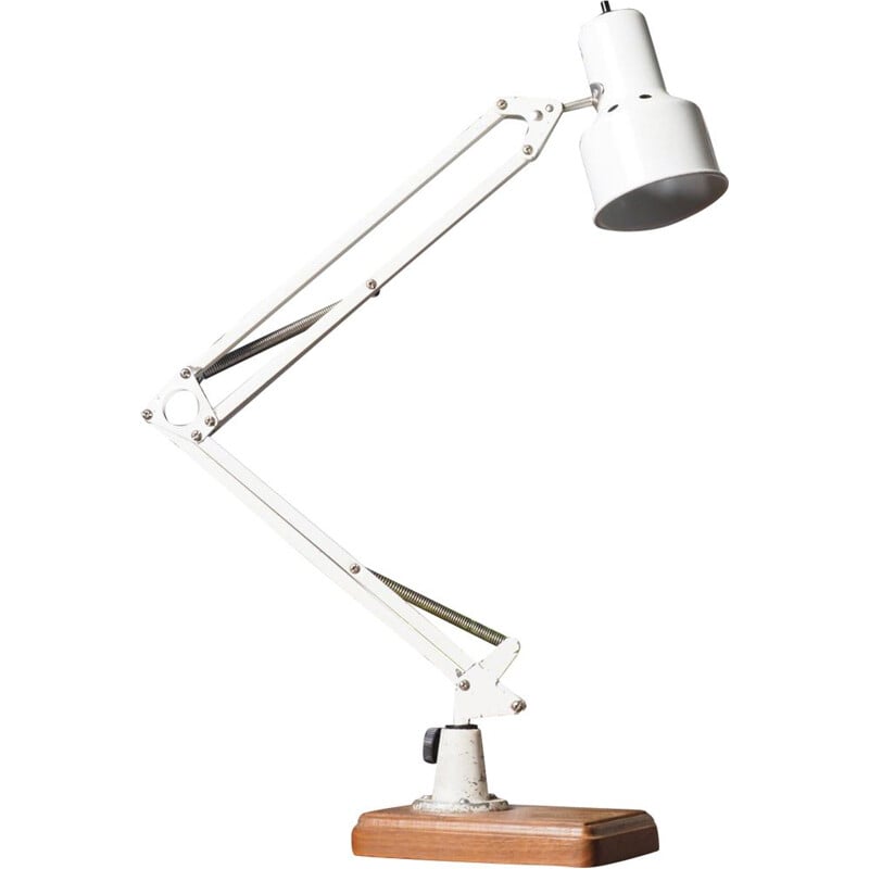 Lampe vintage à angle en émail blanc avec socle en bois