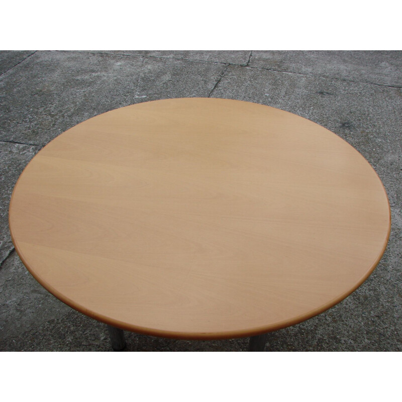 Vintage round table in chromed metal and wood, 1980