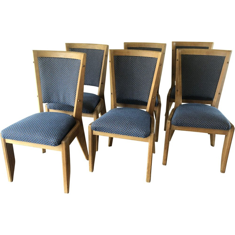 Ensemble de 6 chaises vintage en chêne par Guillerme et Chambron, 1960