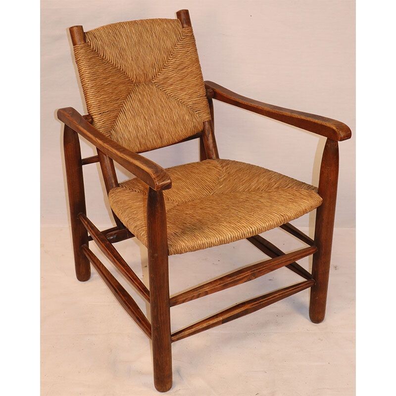 Vintage straw armchair by Charlotte Perriand 1930s