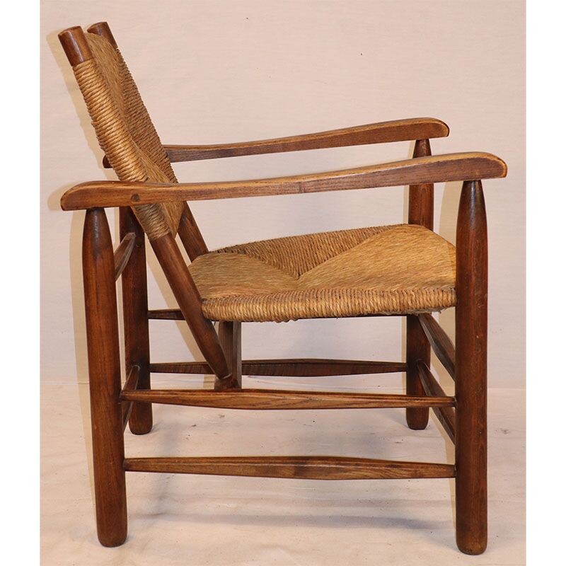 Vintage straw armchair by Charlotte Perriand 1930s