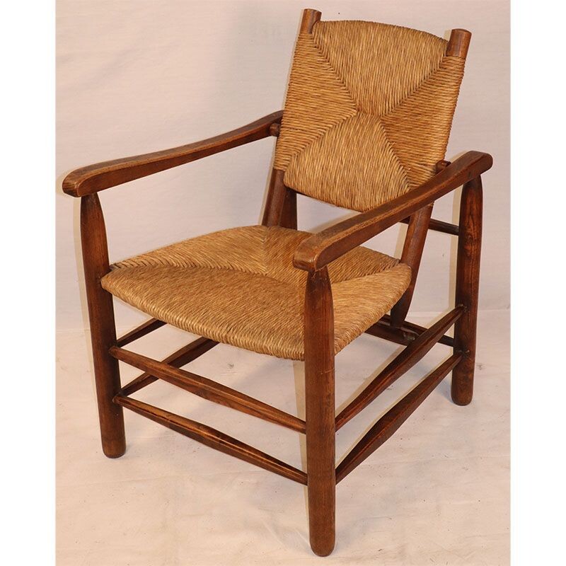 Vintage straw armchair by Charlotte Perriand 1930s