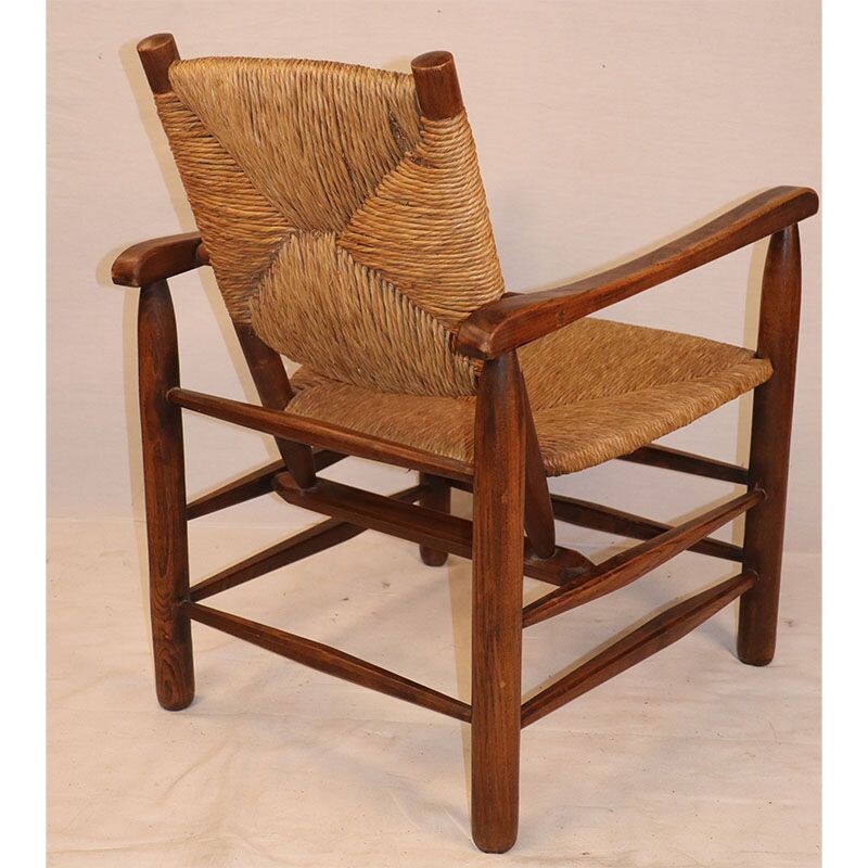 Vintage straw armchair by Charlotte Perriand 1930s