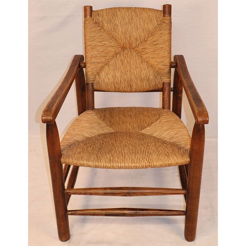 Vintage straw armchair by Charlotte Perriand 1930s